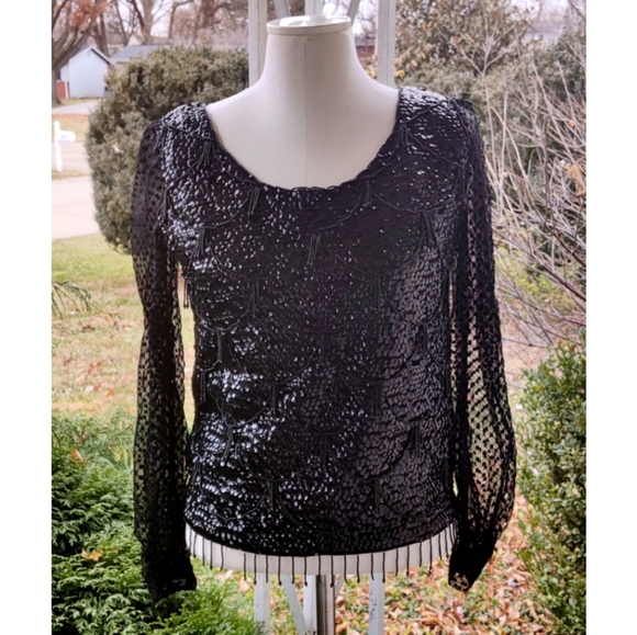 🤩BOGOFREE🤩 Size small 80s glam lace beads sequin long sleeve top - Picture 1 of 12
